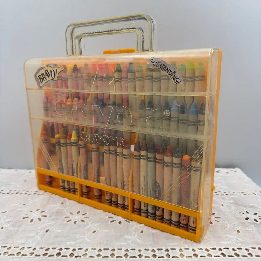 Vintage Crayola 72 Yellow Plastic Carrying Case Crayon Set Binney & Smith Retro